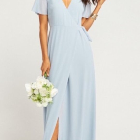 Show Me Your Mumu Noelle Wrap Dress STEEL BLUE CHIFFON, Size X-Small (NWT) - Picture 4 of 4